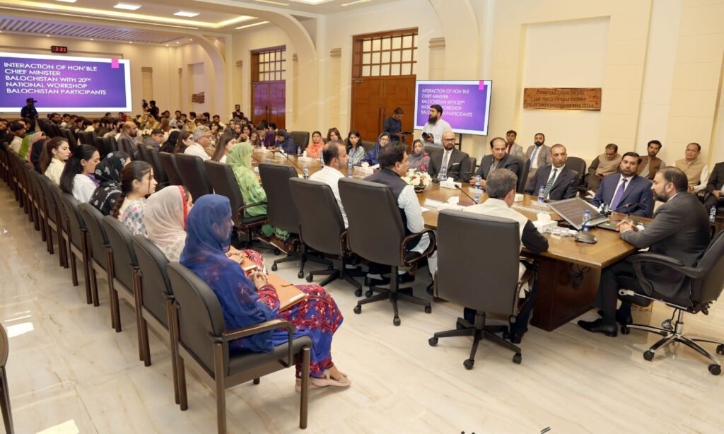وزیراعلیٰ بلوچستان میر سرفراز بگٹی 20ویں نیشنل ورکشاپ بلوچستان کے شرکاء سے خطاب کر رہے ہیں