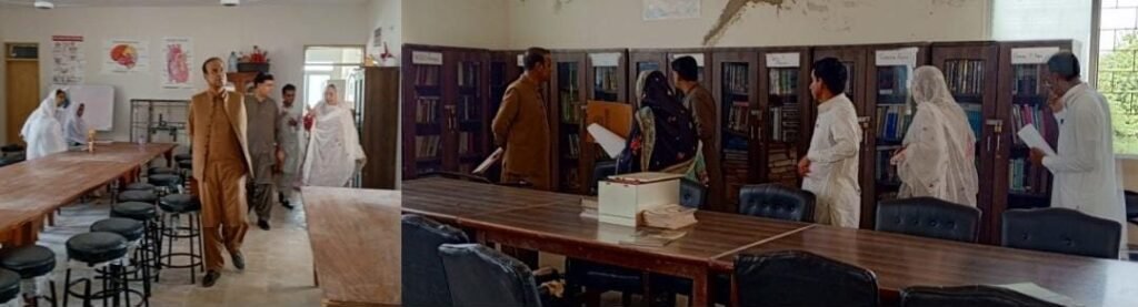 گوادر: ڈائریکٹر کالجز مانیٹرنگ برکت اسماعیل بلوچ گورنمنٹ گرلز ڈگری کالج میں لائبریری کا دورہ کر رہے ہیں، کالج پرنسپل سبین بلوچ بھی موجود ہیں
