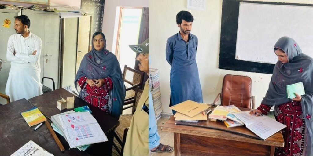 Ormara: Assistant Commissioner Dr Mah Noor Barkat Government Boys Middle School Basol aur Hud ke daure ke mauqe par hazri register check kar rahi hain