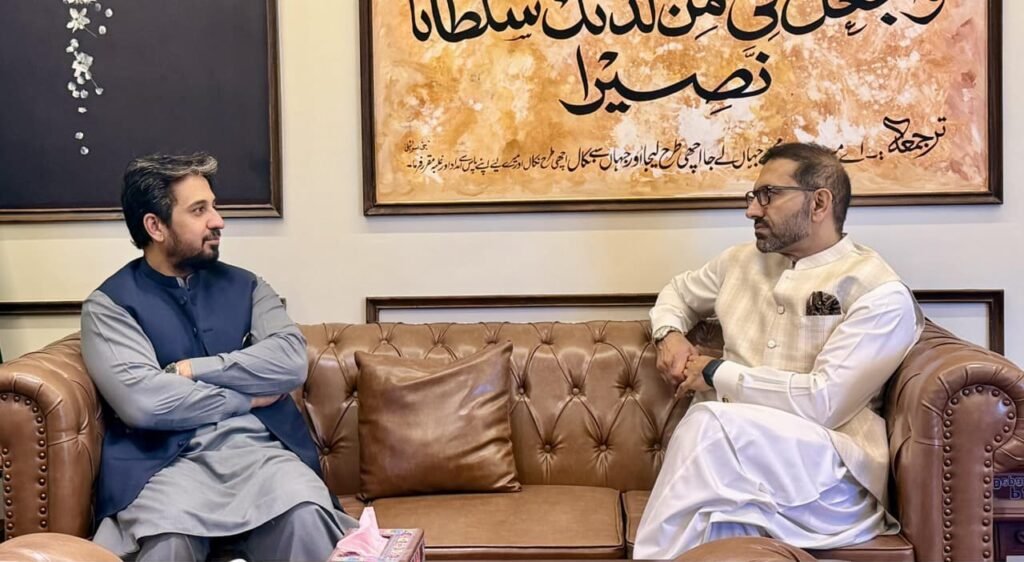 صوبائی وزیر خزانہ میر شعیب نوشیروانی اور ایڈیشنل چیف سیکرٹری محکمہ ترقیات زاہد سلیم ملاقات کر رہے ہیں