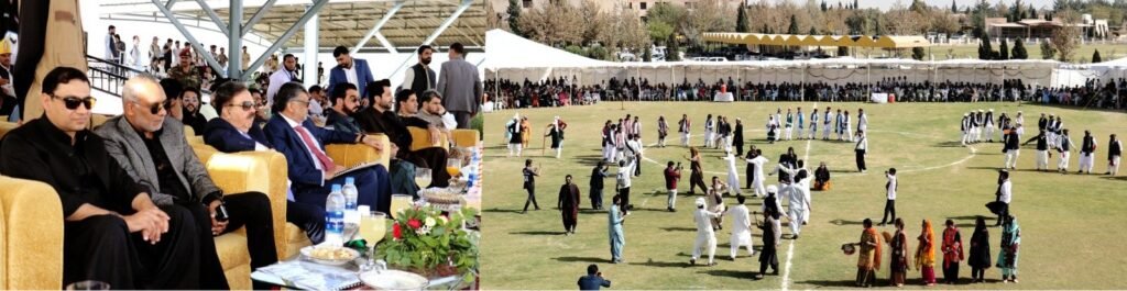 گورنر بلوچستان جعفر خان مندوخیل اور مہمانان گرامی بیوٹمز یونیورسٹی کے سالانہ سپورٹس فیسٹیول میں ڈھول کی تھاپ پر ثقافتی رقص سے لطف اندوز ہو رہے ہیں۔